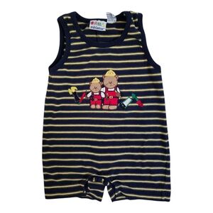 Vintage Y2k Miniwear Navy Blue and Yellow Striped Teddy Bear Construction Romper